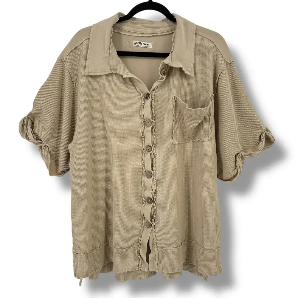 We The Free People Oversize Thermal Button Front Top Women's Sz X-Small Beige